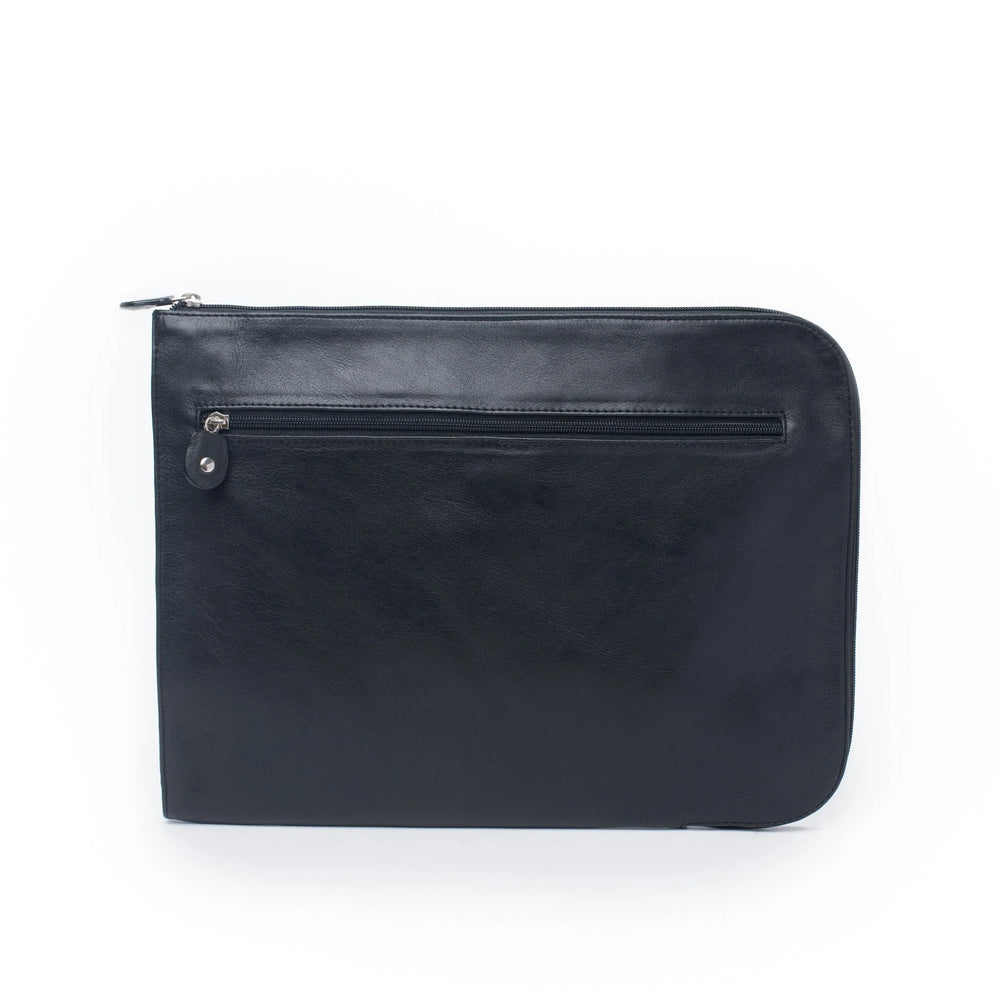 Black Zip Folio made from vegetable-tanned leather, featuring external zip compartment and minimalist design.
