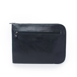 
                  
                    Load image into Gallery viewer, Black Zip Folio made from vegetable-tanned leather, featuring external zip compartment and minimalist design.
                  
                
